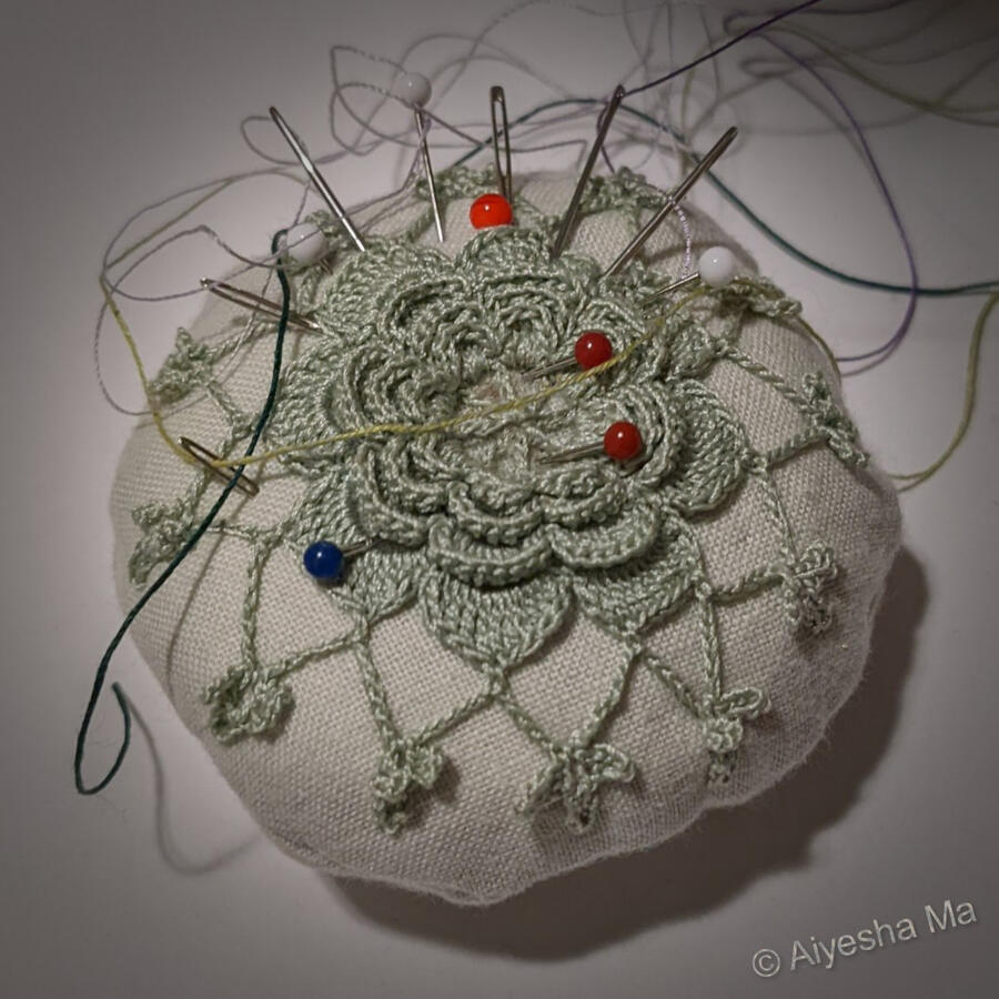 Crocheted rose, pin cushion